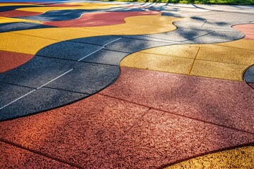 A vibrant street art scene featuring a brightly colored sidewalk with a tree in the background