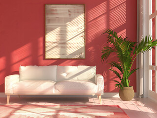 Minimalist Living Room with Pink Wall and White Sofa.