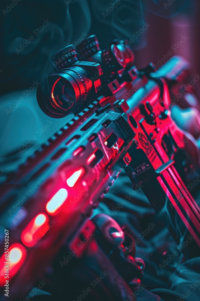 Poster a close-up view of a rifle with a red light shining on it, suitable for use in images related to hun