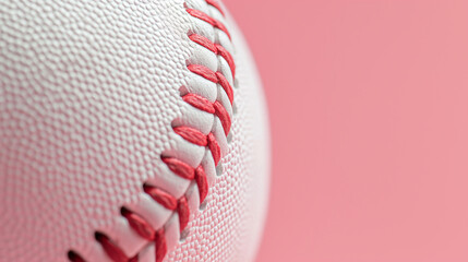 Close-up of a baseball's red stitching on a pink background.