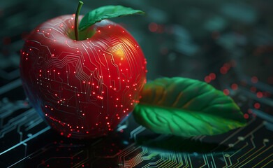 A red apple with circuit patterns and green leaves on a technological background.