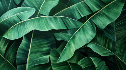 Obraz premium Close-up of lush green banana leaves creating a dense tropical pattern.