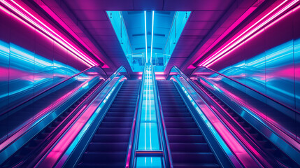 Futuristic escalators with neon pink and blue lights in a modern interior.