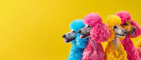 Two dogs with their tongue out one of blue  other on pink