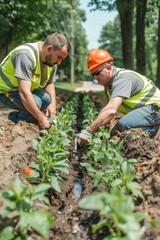 Landscapers Planting and Watering New Plants in a Row Along a Street Side