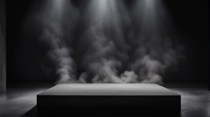 Podium black dark smoke background product platform abstract stage texture fog spotlight. Dark black floor podium dramatic empty night room table concrete wall scene place display studio smoky dust	