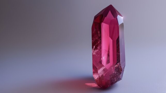 Single, large, faceted gemstone with a deep red to pinkish color, resembling a ruby or a similarly hued crystal