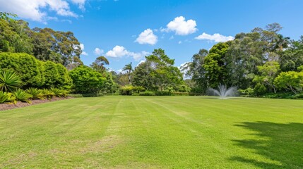 A sprinkler head sprays water onto a lush green lawn