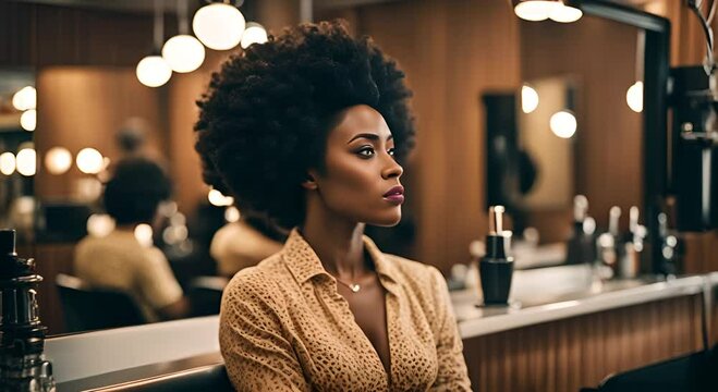 Black woman with afro hair at the hair salon.