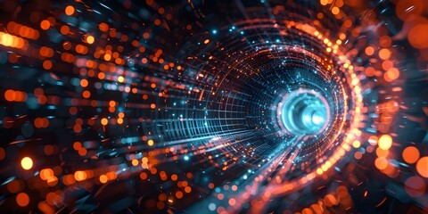 Obraz premium Abstract tech tunnel with vibrant digital data stream creating futuristic visualization. Concept Digital Art, Futuristic Technology, Abstract Visualization, Data Streams, Tech Tunnel