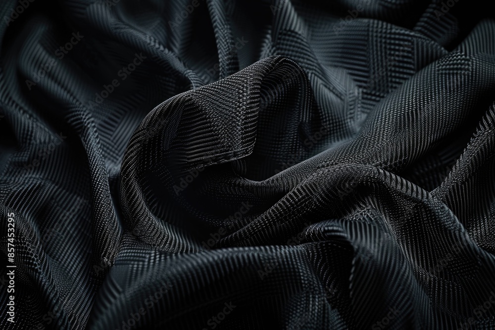 Poster a close-up shot of a black fabric with subtle texture and pattern, suitable for use in design or pho