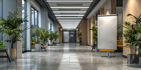 Rollup banner stands in office lobby ideal for advertising to employees. Concept Rollup Banners, Office Lobby Advertising, Employee Engagement, Internal Branding, Workplace Marketing