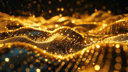 Naklejka premium Modern trendy golden glowing particles with depth of field, bokeh, waving, motion, Particles form line and 3d surface grid, topography, abstract golden tech luxury backgrounds