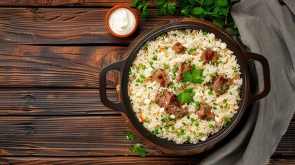 A close-up view of a pan of fried rice with meat and peas, served on a wooden table