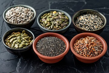 Various healthy seeds sesame flax sunflower pumpkin chia and black seeds in bowls on black stone