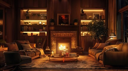 A cozy and inviting image of a living room with a warm fireplace and plush furniture