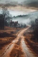 Fototapeta premium A dirt road leading to a house in the distance, perfect for use as a background image or to illustrate rural scenery