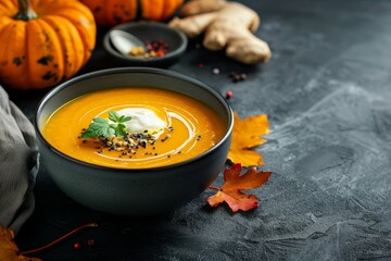 Vegan pumpkin and ginger soup with cream in bowl on dark background Closeup