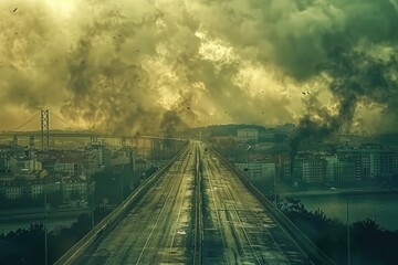 Fototapeta premium A train travels along the railroad tracks with a bridge in the background, suitable for use in illustrations about transportation and infrastructure
