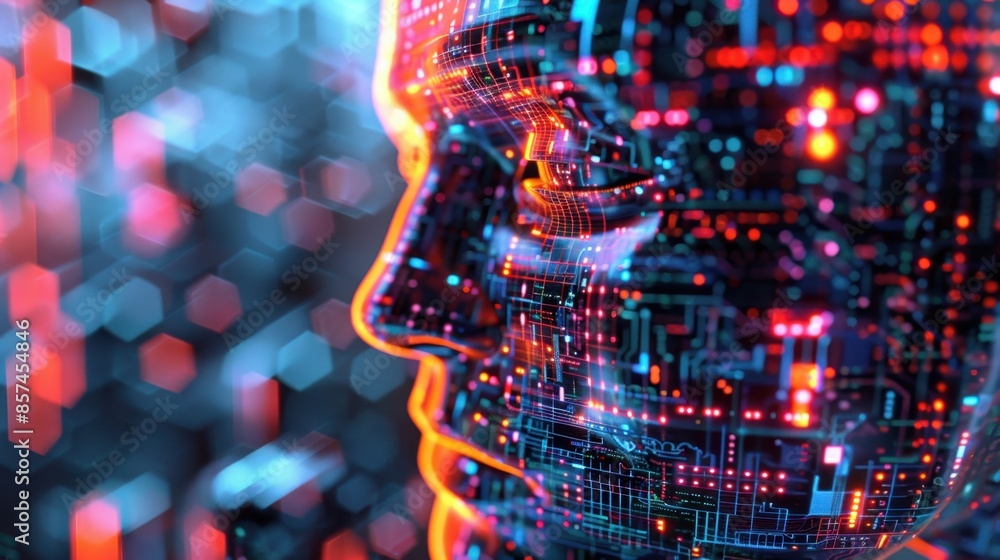 Poster a digital portrait of a humanoid head with glowing neon lines creating a futuristic and abstract sty