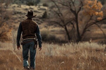 A man wearing a cowboy hat walks across a green field, possibly on a hike or nature walk