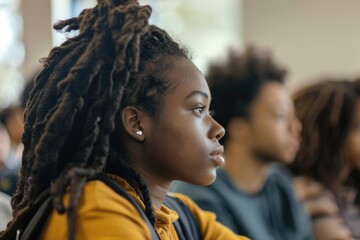 Obraz premium A young woman with dreadlocks sits in a classroom, looking thoughtfully towards the front of the room