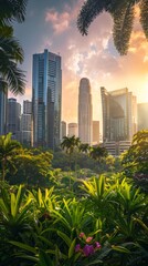 City skyline with lush greenery and sunset, urban jungle concept