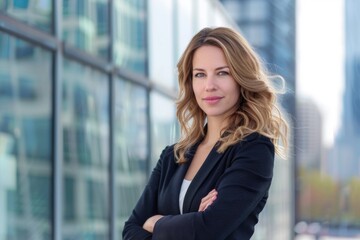 Fototapeta premium A woman wearing a black blazer stands with arms crossed in front of a modern cityscape backdrop
