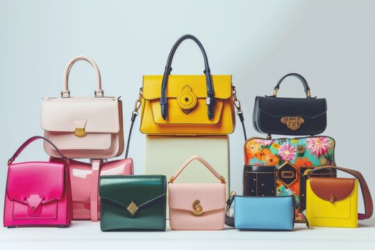 Multiple purses stacked on top of each other, various designs and colors