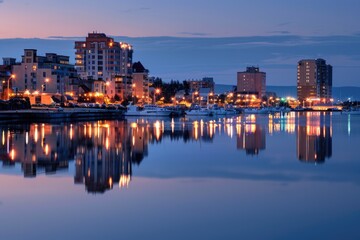 Obraz premium A cityscape of buildings illuminated by streetlights at dusk, reflecting in the calm water of a harbor