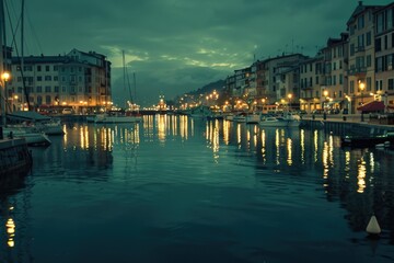 Obraz premium A picturesque harbor scene at twilight, with city lights reflecting in the calm waters. Boats are docked in the harbor, and buildings line the waterfront