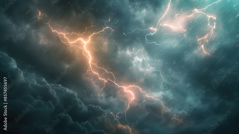 Poster a picture of lightning flashing across the sky, with dark clouds and a hint of stormy weather