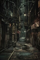 Fototapeta premium A dimly lit alleyway with a fire hydrant standing tall in the center, providing some light and contrast to the surrounding darkness