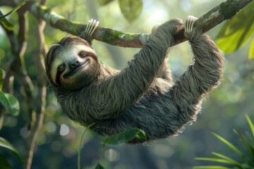 A sloth hangs upside down from a branch in a lush rainforest, its fur blending seamlessly with the surrounding foliage. It looks directly at the camera with a smile