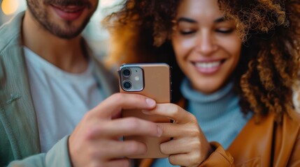 Fototapeta premium A joyful couple leans in closely, sharing a moment of laughter as they look at a smartphone screen, reflecting connection and modern communication.