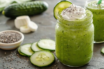A refreshing green smoothie made with cucumber, chia seeds, and a touch of whipped cream