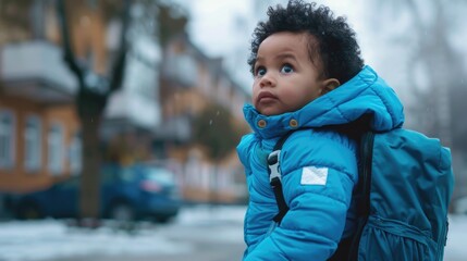 A young boy dressed in casual outdoor attire, suitable for a family outing or adventure