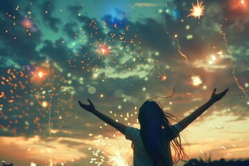 A silhouette of a girl with outstretched arms stands against a backdrop of vibrant fireworks illuminating the evening sky
