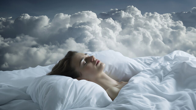 Junge Frau schl&auml;ft in den Wolken mit einem weichen Kopfkissen und tr&auml;umt sch&ouml;n. Entspannter und erholsamer Schlaf 