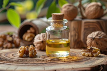 Walnut oil for cosmetic and therapeutic use displayed on a wooden background