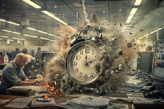 A vintage alarm clock explodes in a cloud of dust and debris, engulfing an office worker at his desk in a chaotic scene