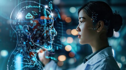new normal futuristic technology in medical concept doctor anlysis patient by using artificial intelligence, machine learning, digital twin, 5g, big data, iot, augmented mixed virtual reality
