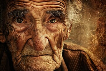 A close-up portrait of an elderly man, his face etched with the passage of time and experience, conveying wisdom and resilience
