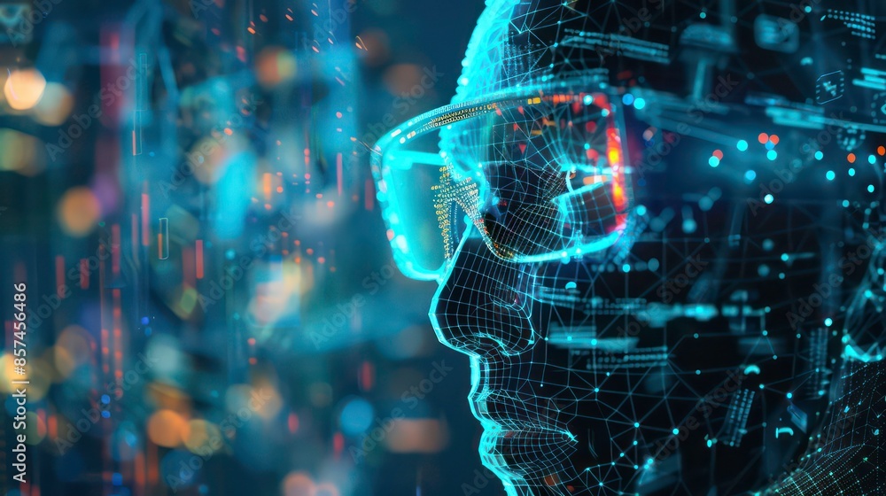 Poster new normal in futuristic technology concept in smart glasses use augmented mixed virtual reality wit
