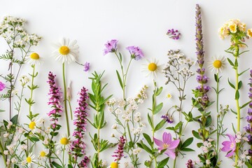 Fototapeta premium Wild flowers and herbs on white background with copy space