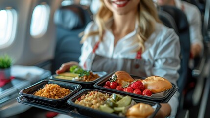 A cabin crew member with a smile serves meal trays containing fresh vegetables, bagels, strawberries, and chicken to seated airline passengers, showcasing in-flight hospitality.