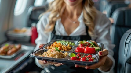 A female flight attendant presents meal trays with an assortment of food, including stuffed red peppers, rice, and assorted vegetables, in a well-lit airplane cabin mid-flight.