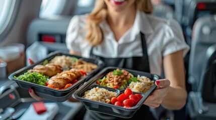 A flight attendant serves a variety of meal trays with different food items, including chicken, rice, and fresh vegetables, to passengers aboard an airplane, ensuring satisfaction and comfort.