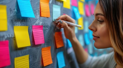 A woman writes on a bright pink sticky note pinned to a blackboard full of colorful, blank notes, symbolizing organization, creativity, and a brainstorming environment in the office.