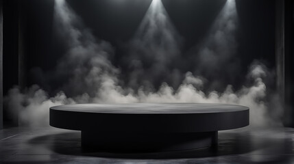 Podium black dark smoke background product platform abstract stage texture fog spotlight. Dark black floor podium dramatic empty night room table concrete wall scene place display studio smoky dust	